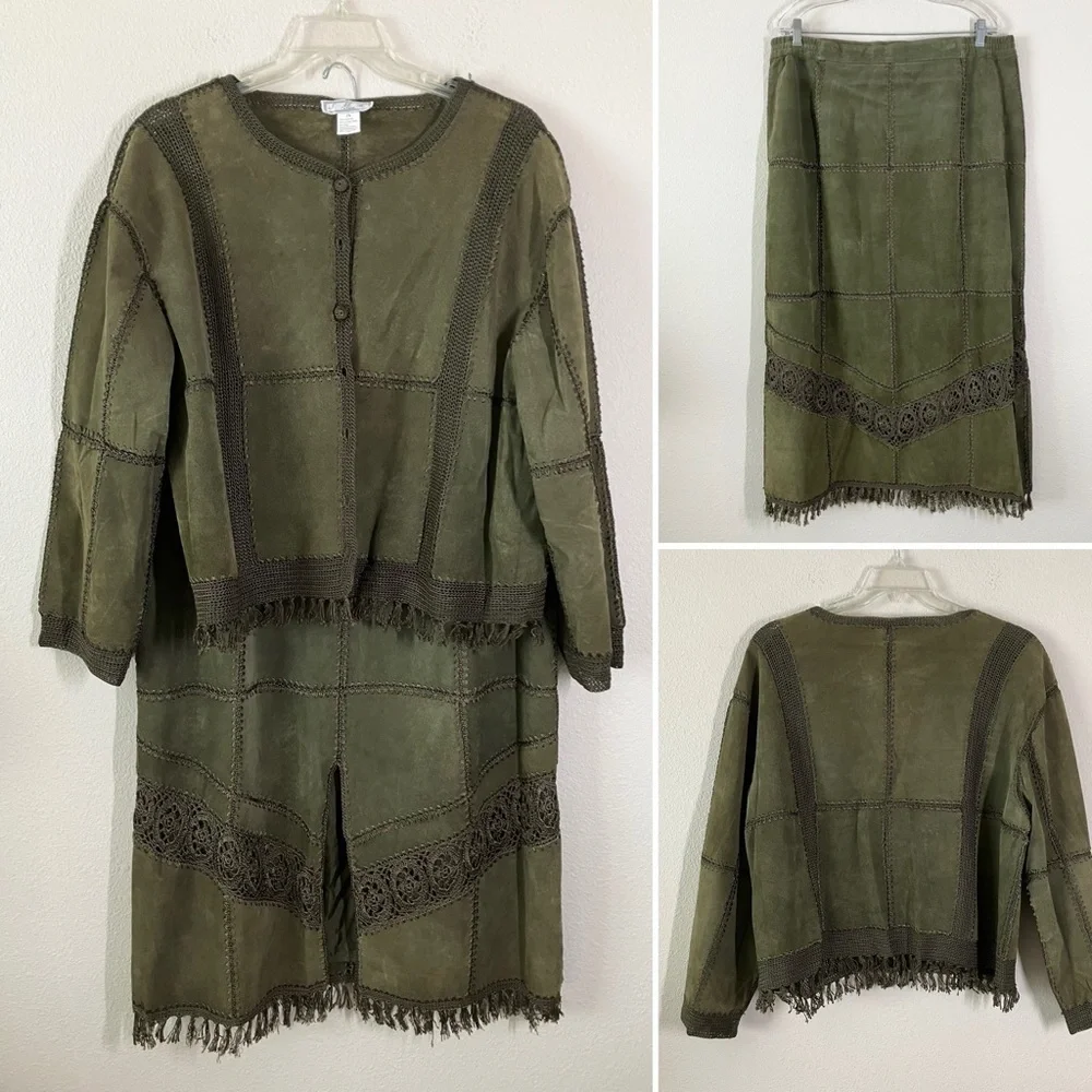 VINTAGE Suede Jacket & Skirt Set Crochet Western Cowgirl Boho Olive Green 2X - Picture 2 of 16